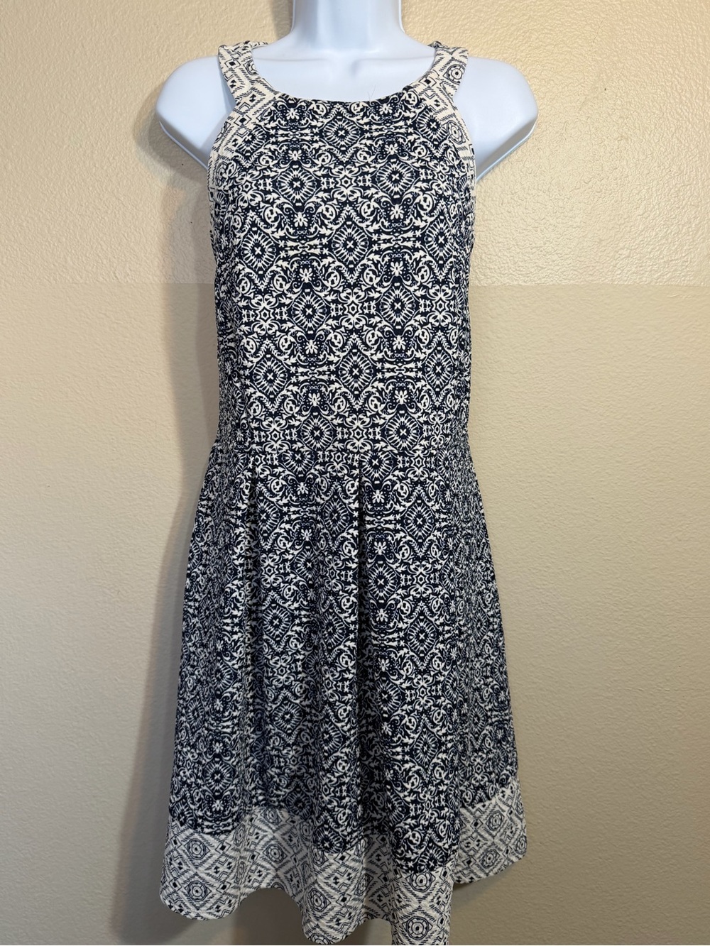 Rewind Sleeveless Navy and White Patterned A-Line Dress
